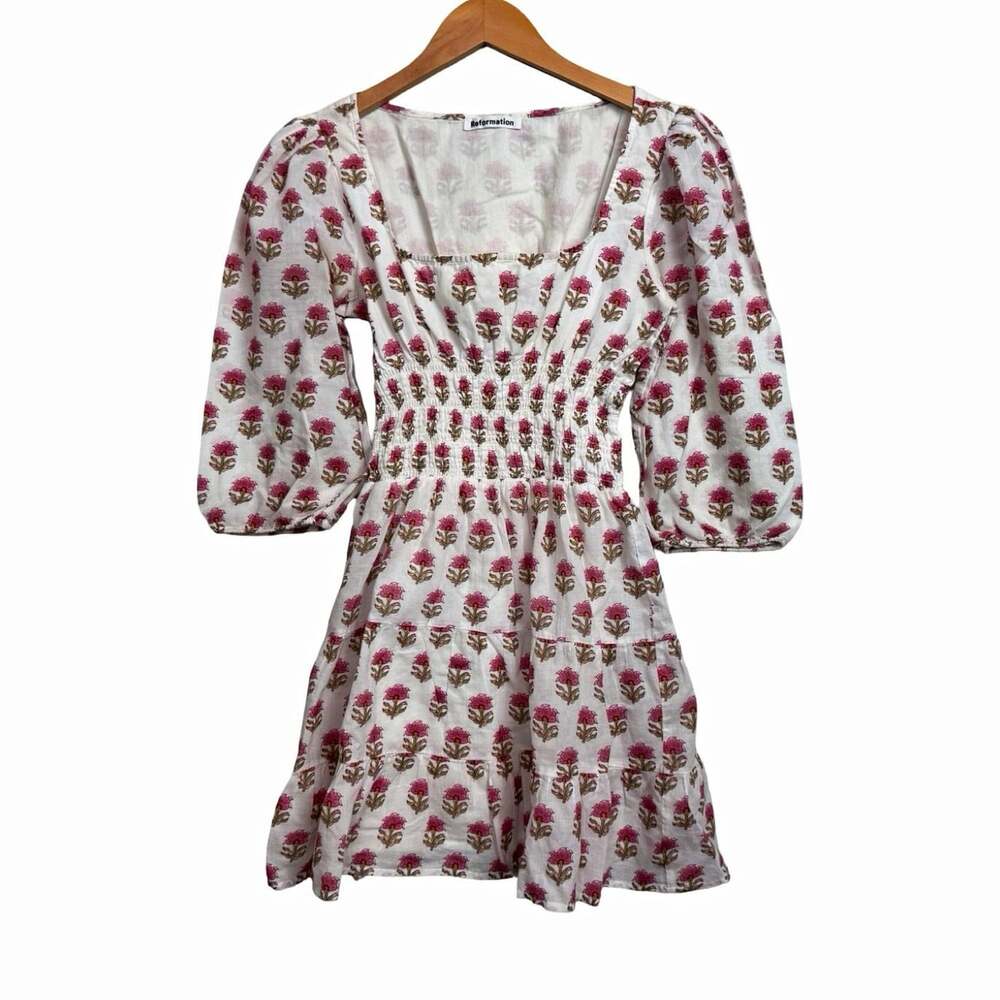 Reformation White Pink Green Floral Square Neck Smocked Puff A-Line Dress Size 2